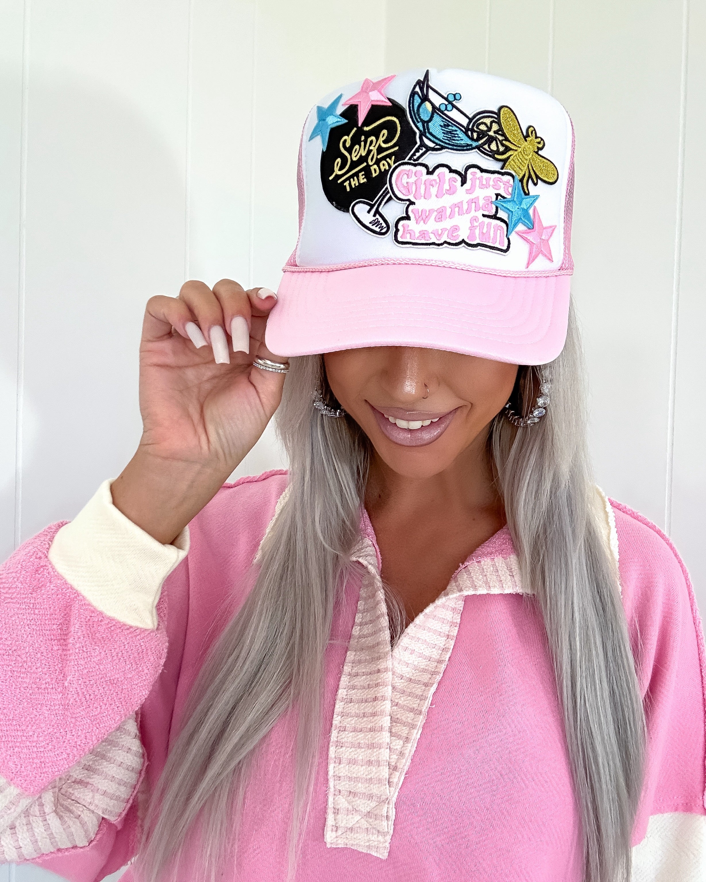 Girl Just Wanna Have Fun Patch Trucker Hat - Pink