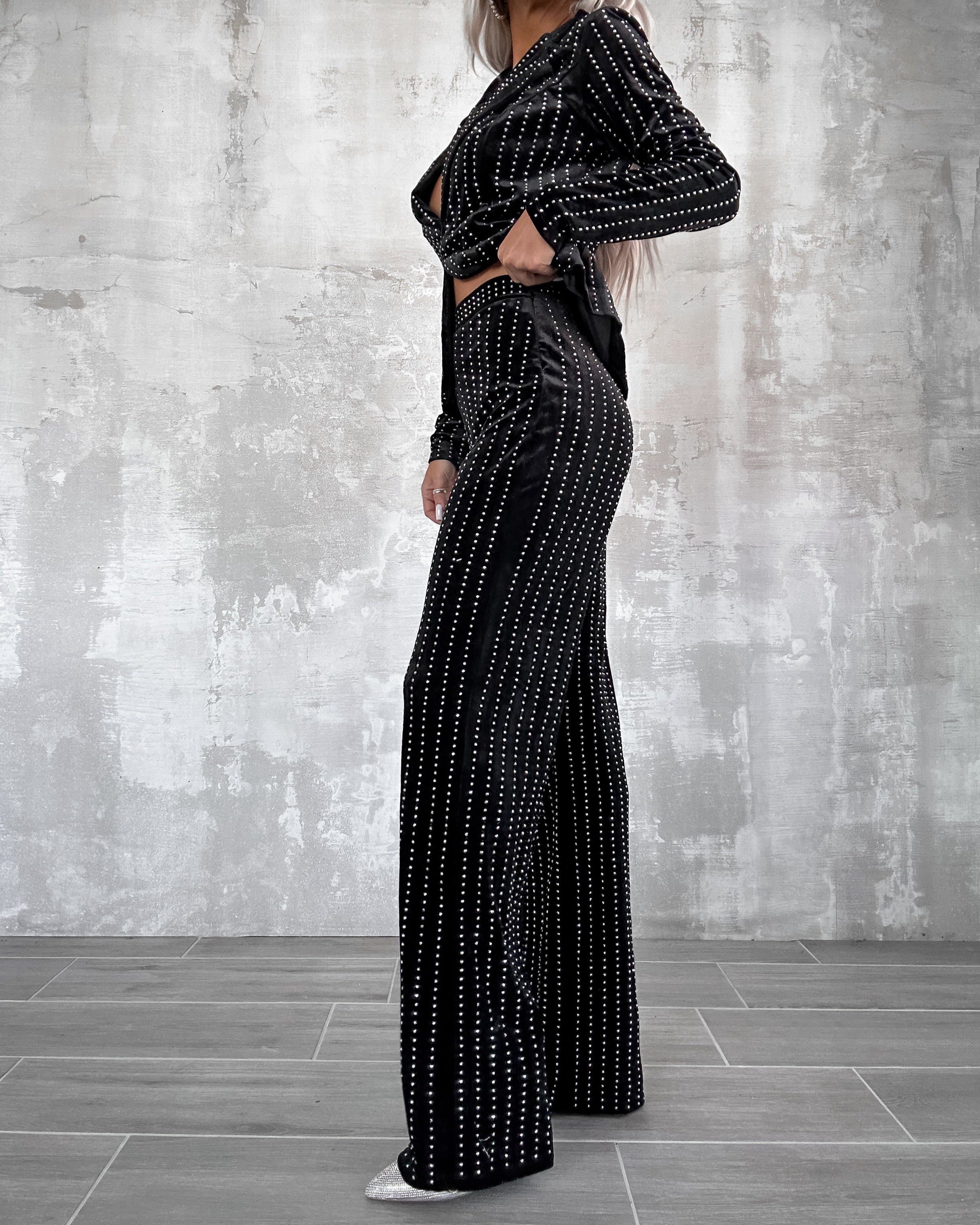 Studded Goddess Striped Velvet Pant Suit - Black