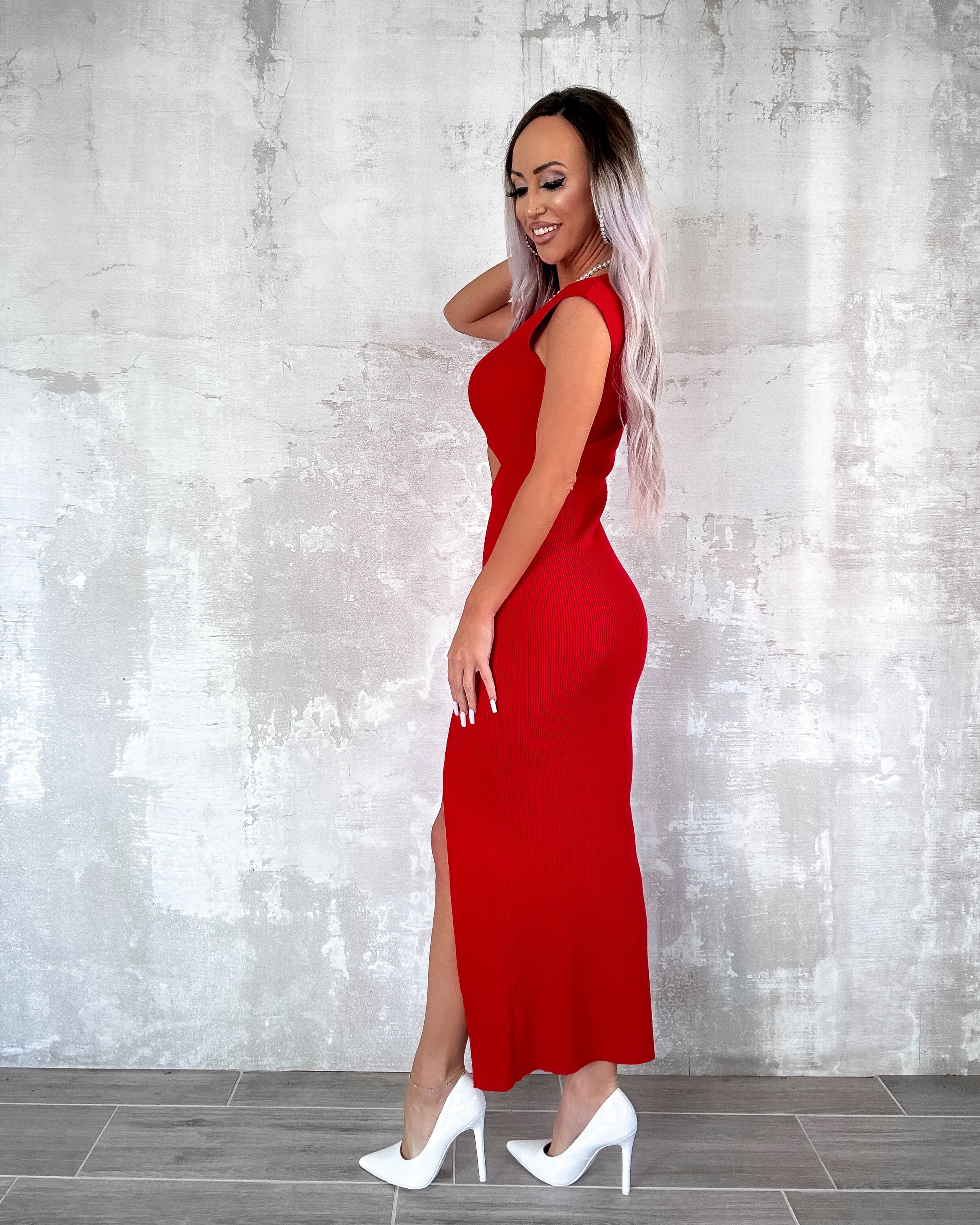 Chic Outing Cutout Slit Dress - Red