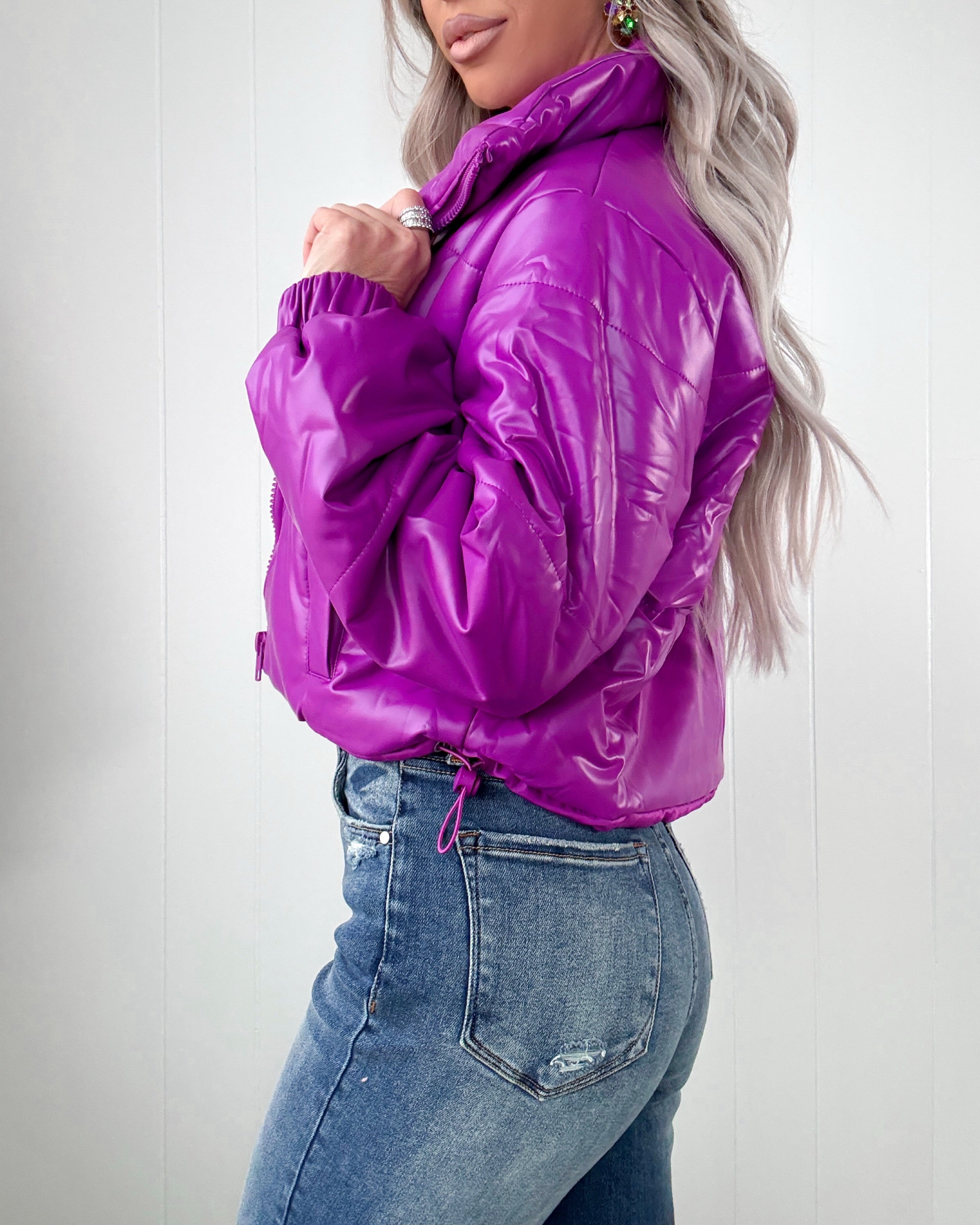 Street Chic Faux Leather Puffer Jacket - Purple