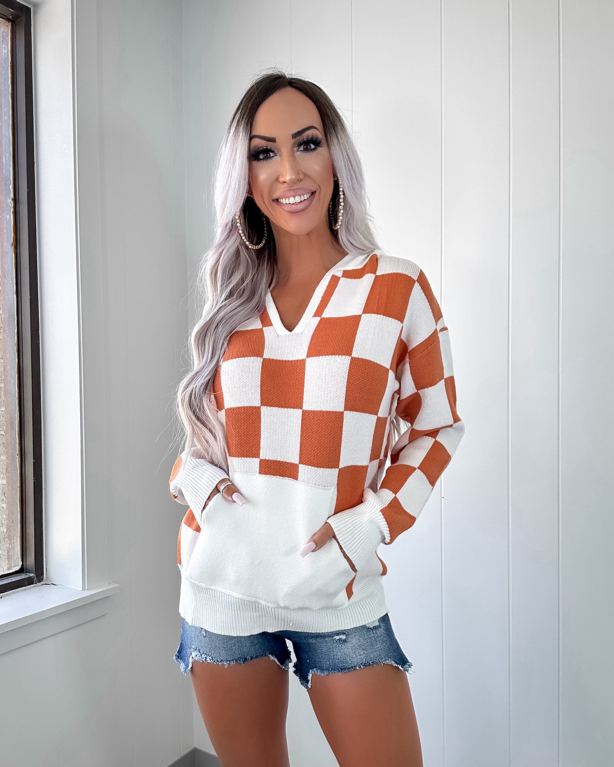 Start Again Checkered Pocket Hoodie - Burnt Orange