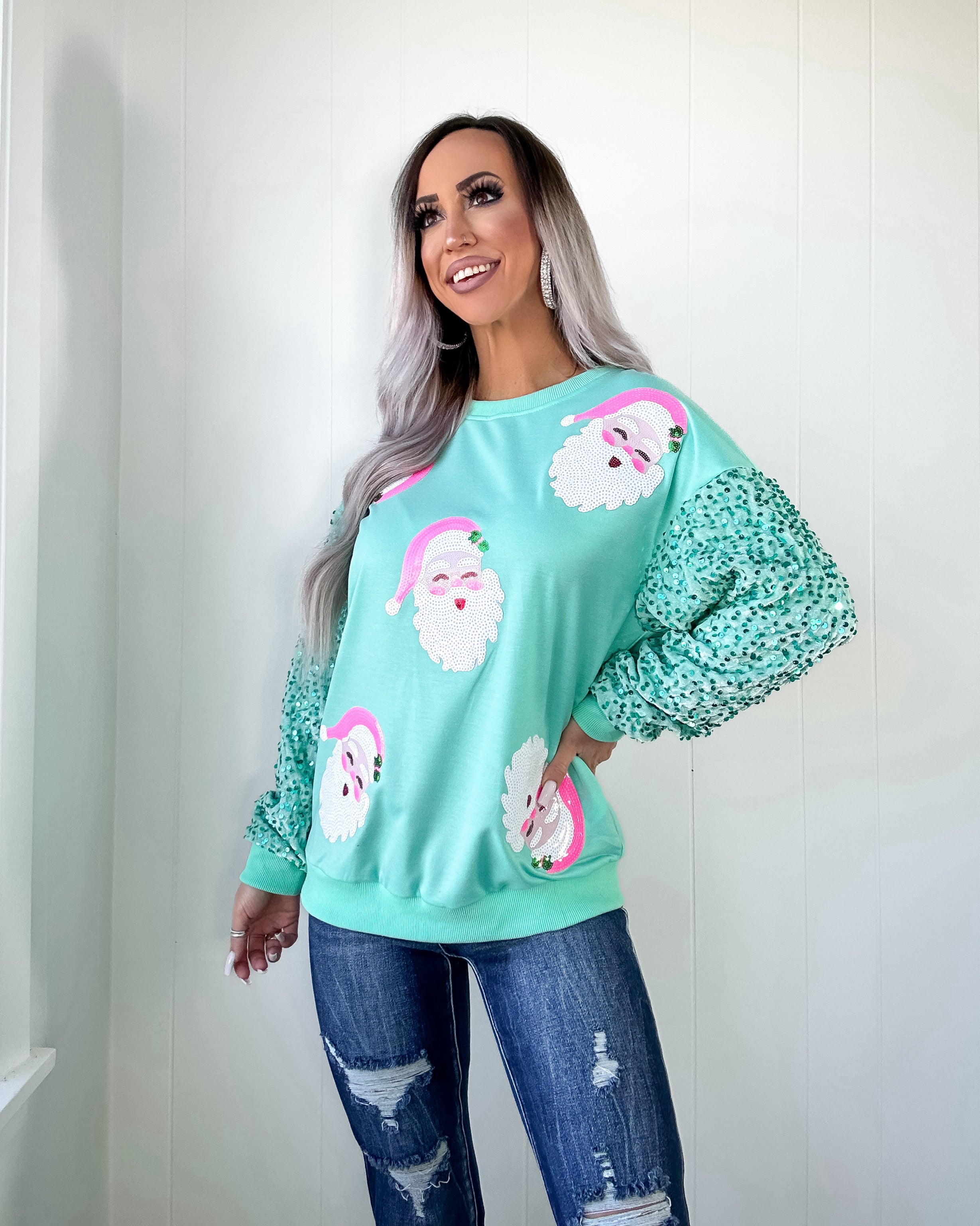 Sparkle & Sleigh Santa Sweatshirt - Mint