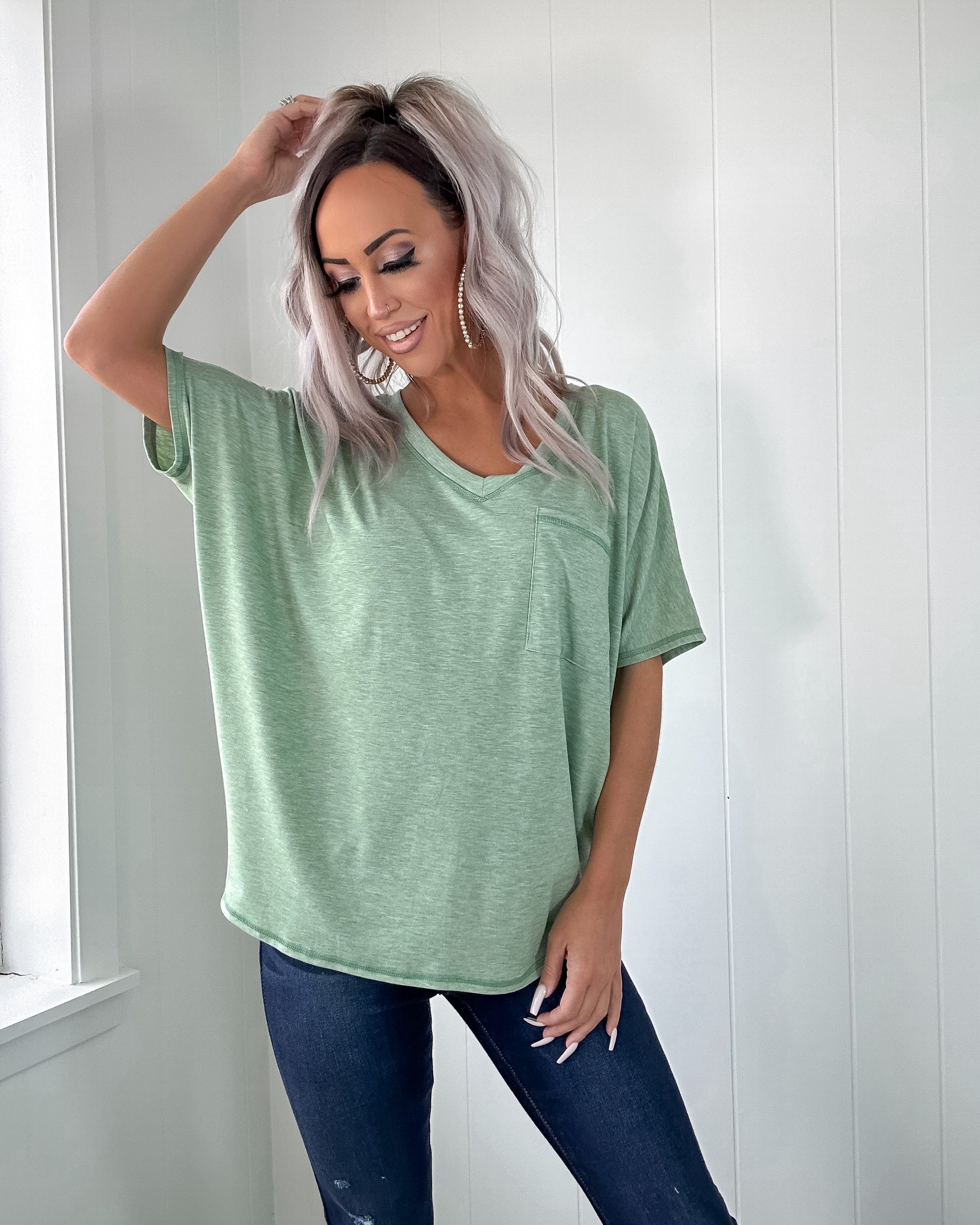 Simple Choice Oversized Pocket Top - Sage