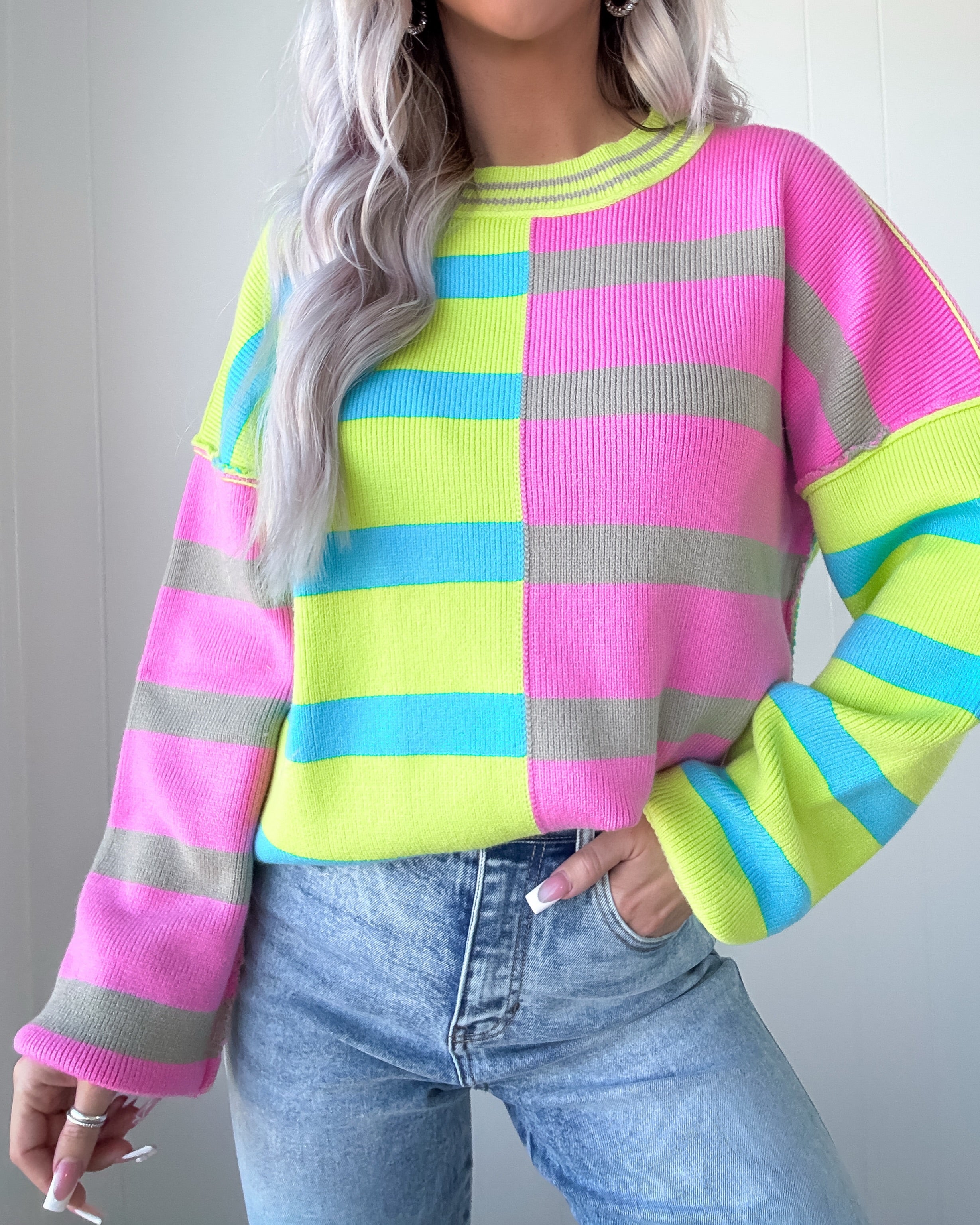 Gilded Horizon Colorblock Striped Sweater - Lime