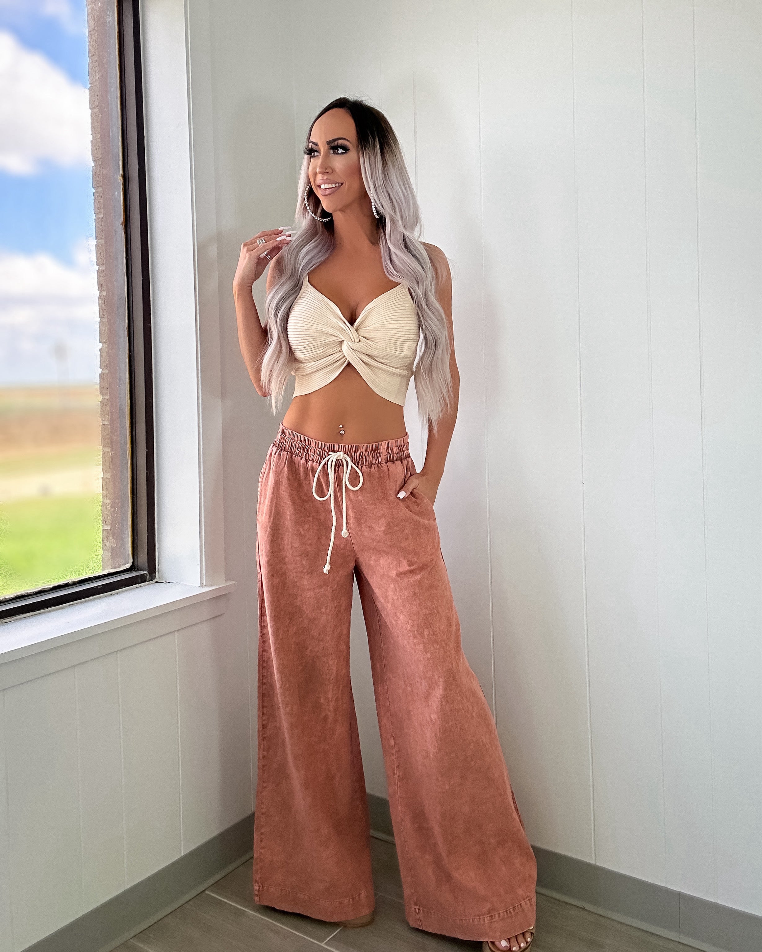 Fancy This Mineral Washed Wide Leg Pants Rust Bar T Boutique LLC