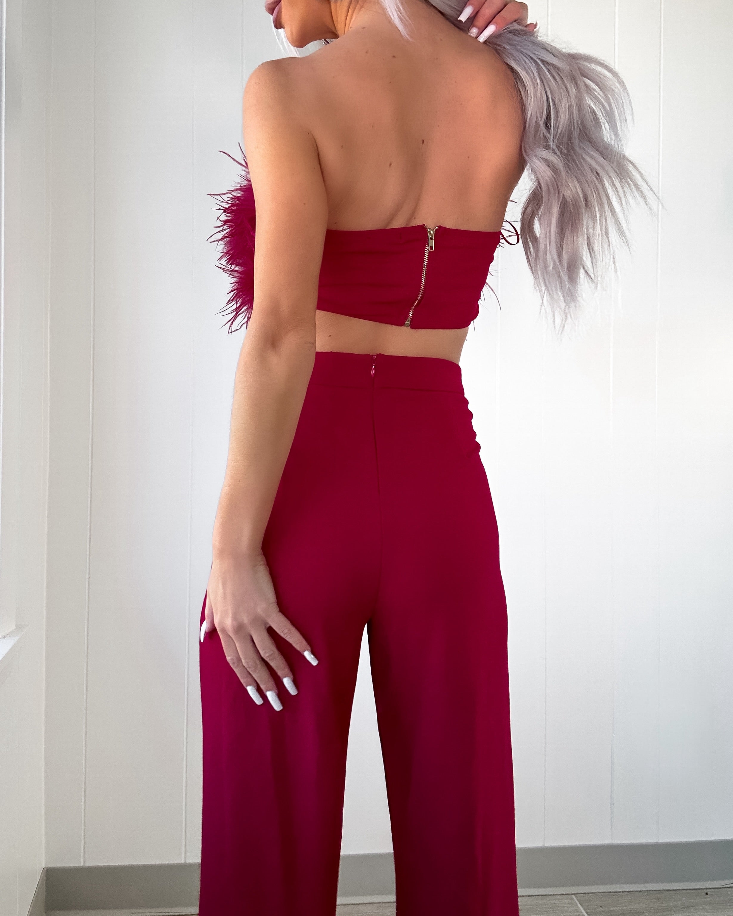 Graceful Reflections Fur Pants Set - Burgundy