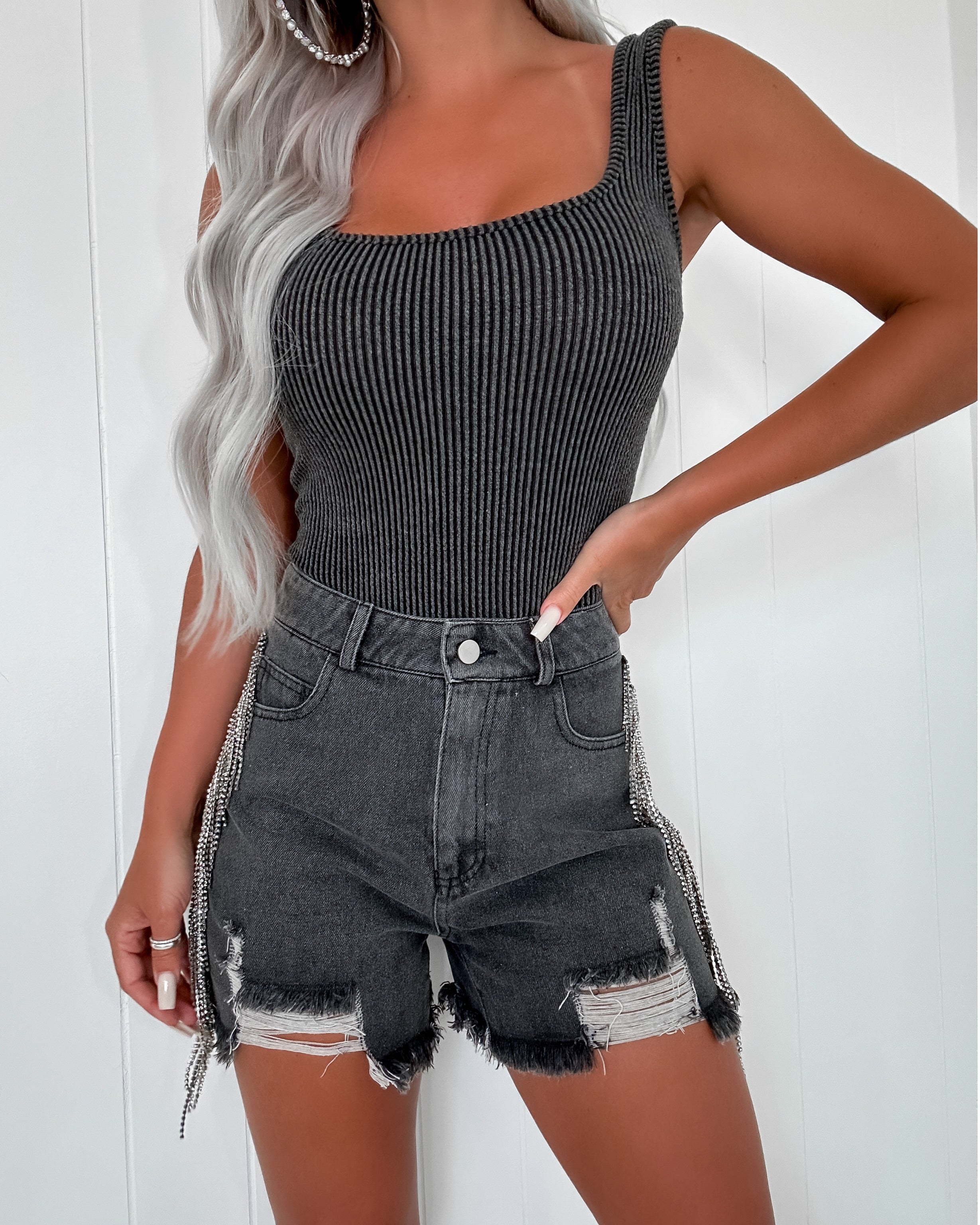 Weekend Glam Rhinestone Fringe Denim Shorts - Charcoal