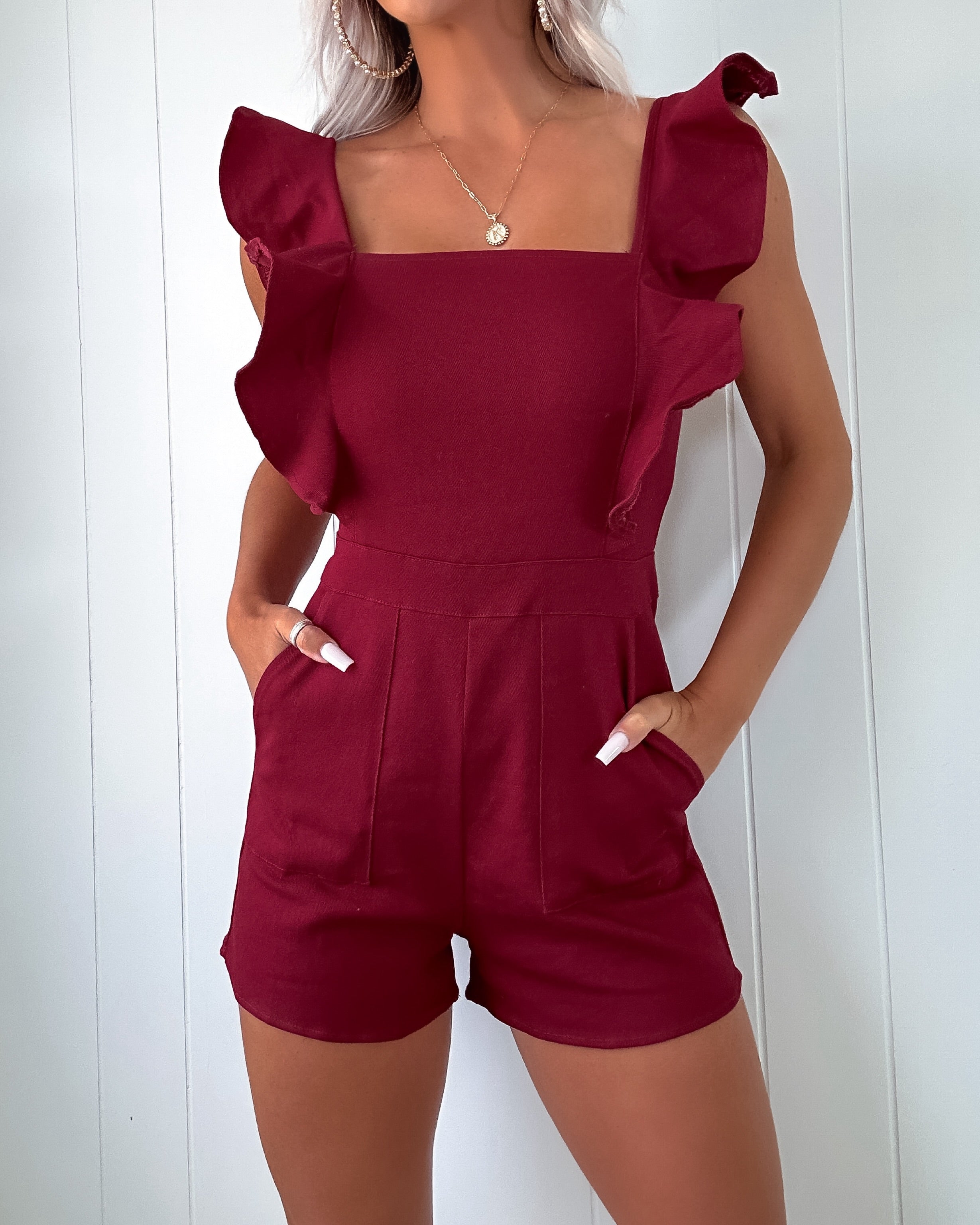 Finest Perfection Denim Ruffle Romper - Maroon