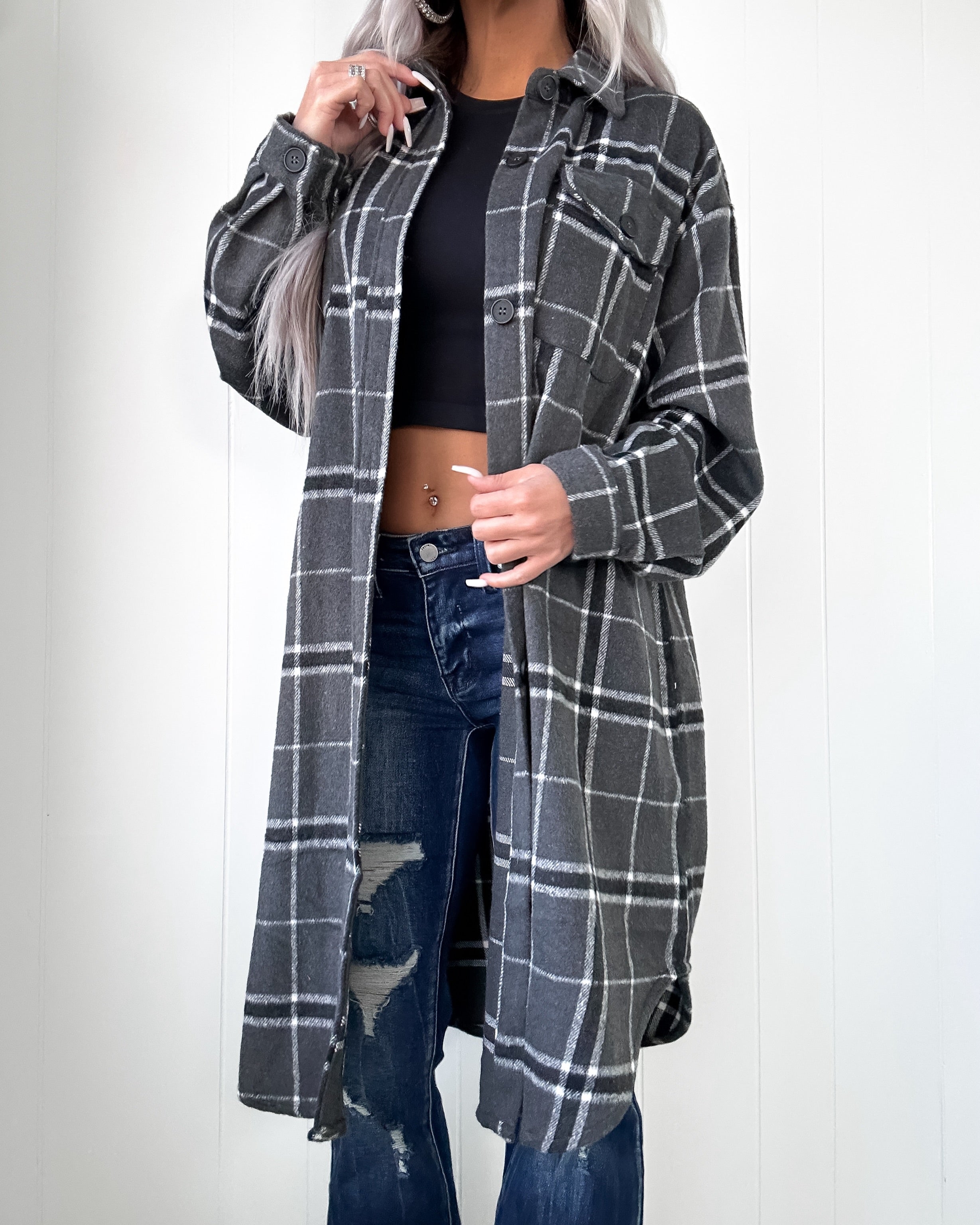 DOORBUSTER Gray Plaid Duster Shacket