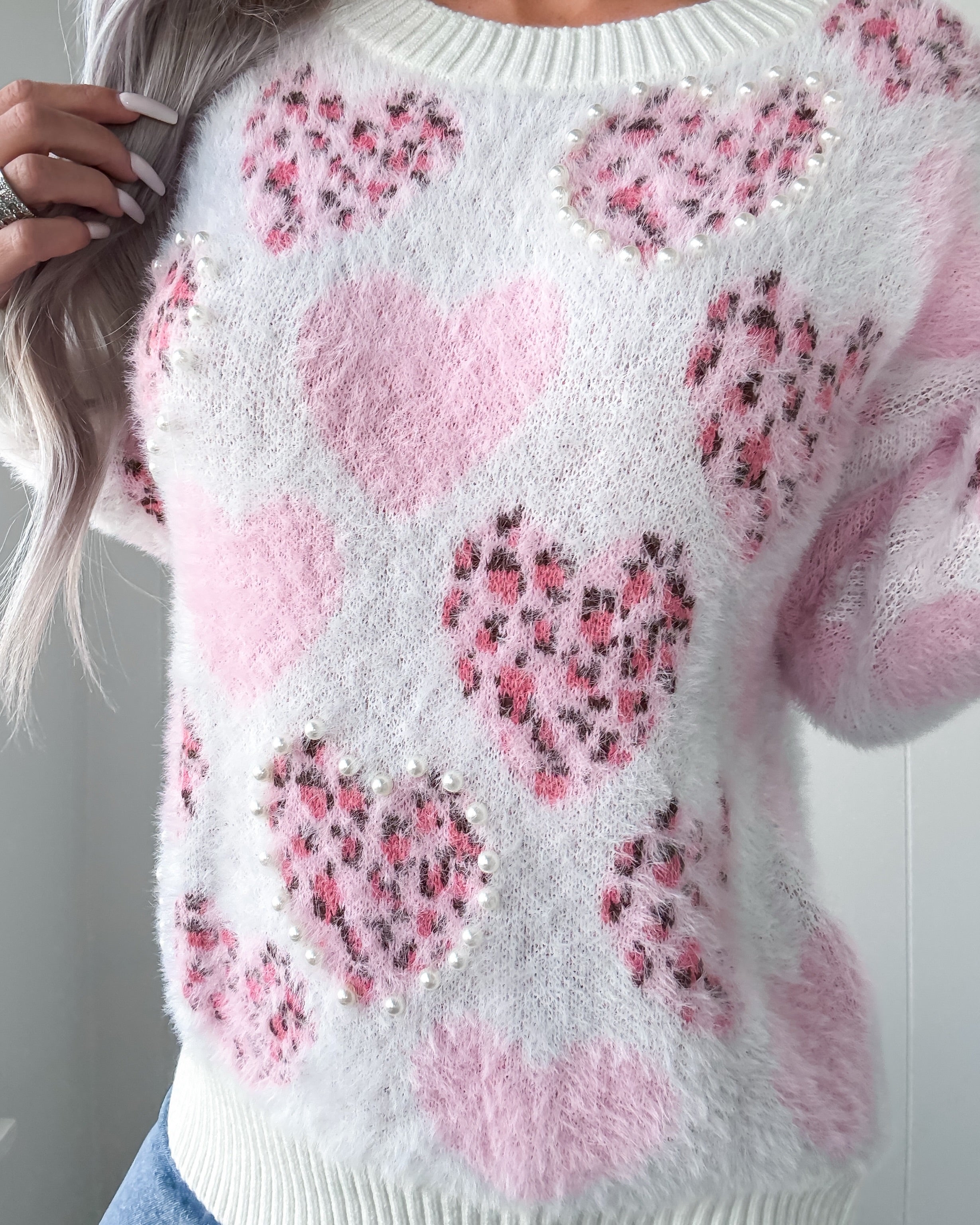 Heartstrings Leopard Pearl Fuzzy Sweater - Pink