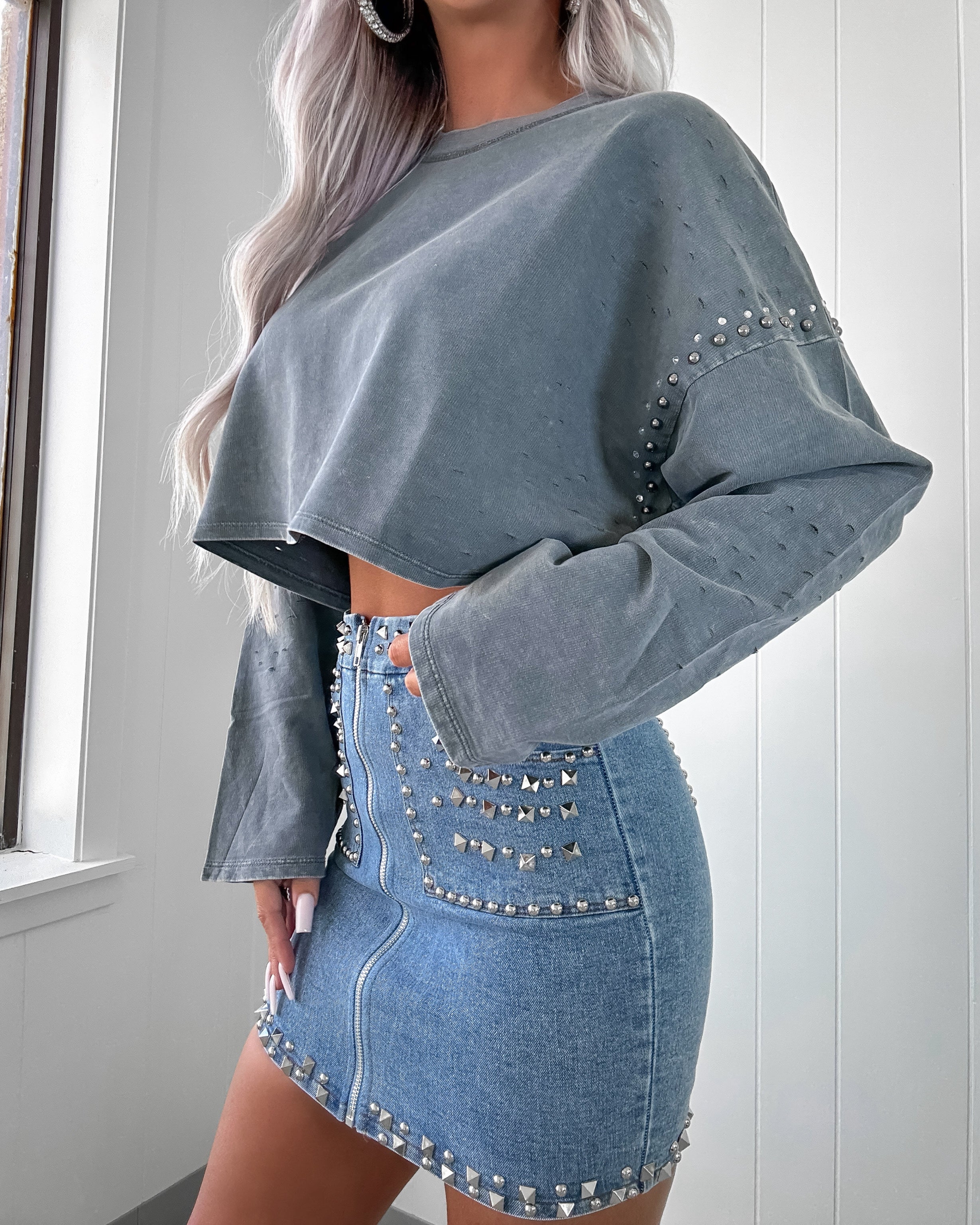 Crop Crush Embellished Top - Ash Grey