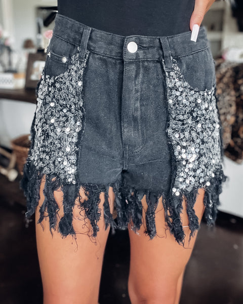 Crossing Paths Rhinestone Cutoff Shorts - Denim